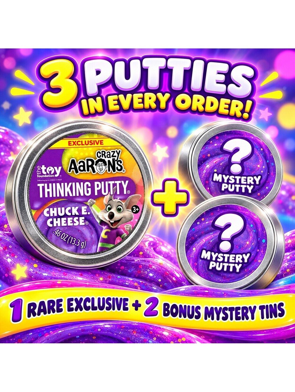 CRAZY Rare Chuck E. Cheese Aaron’s Crazy Putty + 2 Mystery Bonus Tins - 3 Total